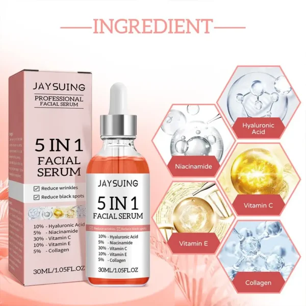 5 In 1 Jaysuing Professional Facial Serum - Divine Youth: Vitamin C, E, Hyaluronic Acid, Niacinamide & Collagen Power for Radiant, Smooth Skin - Image 2