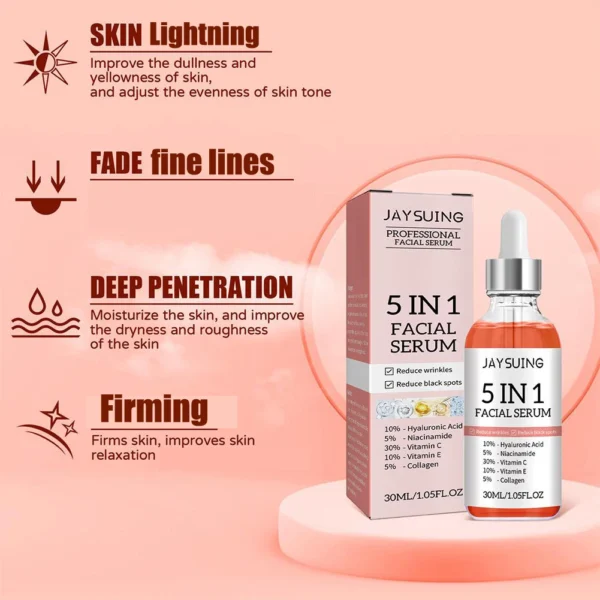 5 In 1 Jaysuing Professional Facial Serum - Divine Youth: Vitamin C, E, Hyaluronic Acid, Niacinamide & Collagen Power for Radiant, Smooth Skin - Image 4
