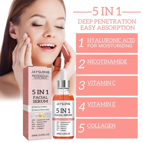 5 In 1 Jaysuing Professional Facial Serum - Divine Youth: Vitamin C, E, Hyaluronic Acid, Niacinamide & Collagen Power for Radiant, Smooth Skin - Image 5